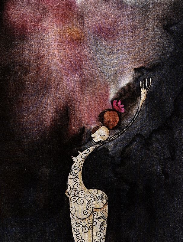 Tatouée coquine
Dimension : 5"
	
	
	x 7"
	
	
	
Technique : peinture sur soie
Année : 2007