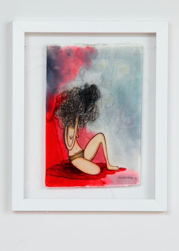 "Laissez-moi fumer, merde!' peinture sur soie, 6" x 8", 2012