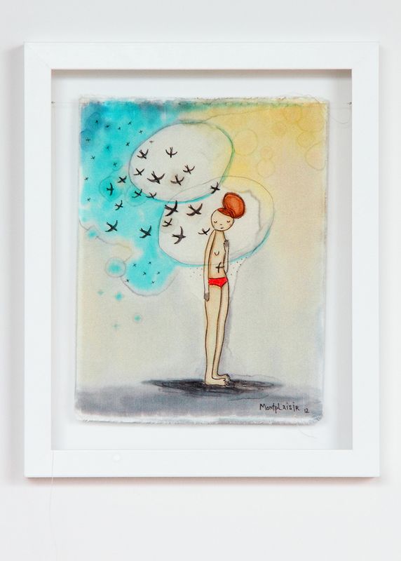 "Les hirondelles, c'est comme des ptites étoiles qui tombent du ciel", peinture sur soie, 6" x 8"