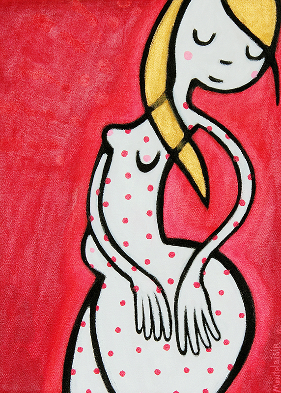 "Peau à pois" ou "L’eczéma lui allait si bien", (les mains dansantes), acrylique sur toile, 11" x 14", 2012 (les cheveux sont dorés :)
