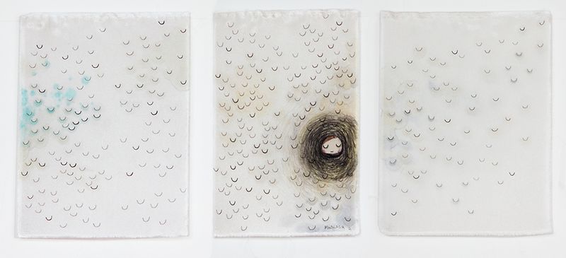 "Nuée de pensées", tryptique sur soie, 6" x 8" chaque, 2012